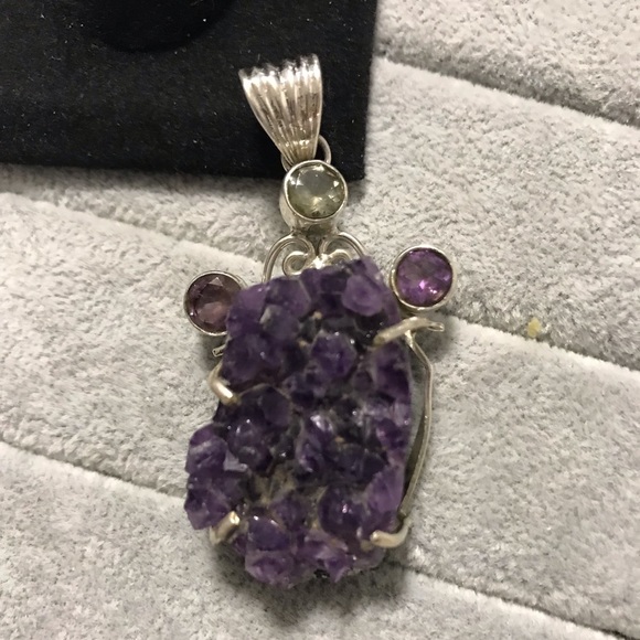 New Sterling Silver Large Purple Amethyst Druzy Pendant Green Accent Crystal Gem - Picture 4 of 14